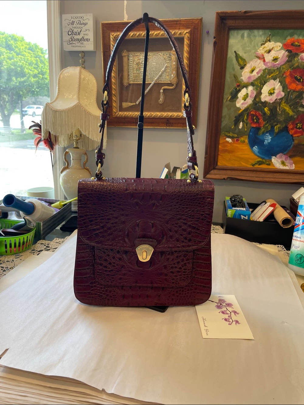 VTG Brahmin Structured Croc-Embossed Shoulder Handle Bag in Deep Burgundy